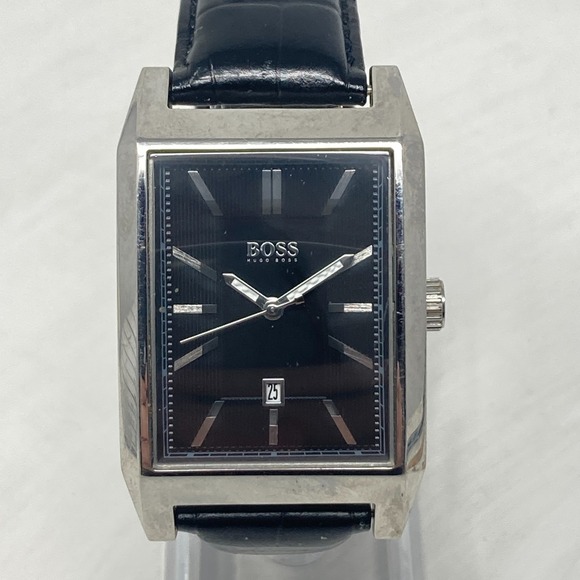 Hugo Boss Tank Watch Men 33mm Silver Tone Date Black Dial 30M New Battery 9.5